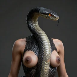 snake human hybrid, chest up human lower half snake, long, black scales, bright amber eyes, chest coverd in scales, scales on her chest, formless brests, flat chest, no nipples, smileing nright, cinematographic shot, gerhartz