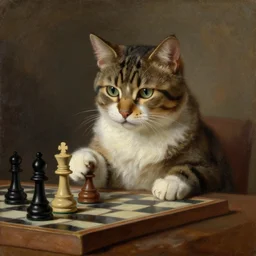 a cat playing chess looking wise, rococo oil painting