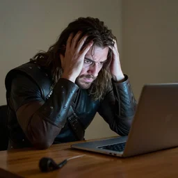 conan the barbarian sitting at a desk, frustrated at his laptop screen, laptop trouble, technical difficulties, stock image