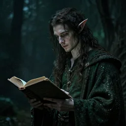 a 1 3 th century, enigmatic, melancholic, fae king ( look like ( ( forthy years old james frain ) ), is ( ( holding an old book ) ). everything is dark and dusty!. greenish blue tones, theatrical, painted by monet