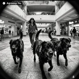 camera footage of a 3 Aggressive Feral Black Dogs with severe rabies Chasing a young woman in an abandoned shopping mall, high exposure, dark, monochrome, camera,  grainy, CCTV, security camera footage, timestamp, zoomed in, Feral, fish-eye lens, Nightmare Fuel, Zombie Dog, Evil, Bite, Motion Blur, horrifying, lunging at camera :4