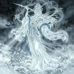 misty clouds, chinese taoist fairy godde. crystal liu's face. hyper detailed, character concept, full body, dynamic pose, intricate, lineart, cerpuscular rays, lily flowers. by yoshitaka amano, alfons mucha and makoto shinkai. 8 k