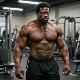 Barry white with the physique of a body builder, realistic, detailed, cinematic, dynamic lighting, photorealistic, refined, intricate, digital art, background a gym, masterpiece, 8k