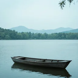 a dreamy landscape with an empty boat on a lake