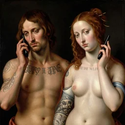 perfect renaissance painting of ada and eve with body tattoos on chest neck and face with cell phones, intricate photo realistic faces, art by michaelangelo and rembrandt, post - processed, taste of horror
