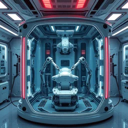 hyperdetailed scifi concept art, single large glass chamber with multiple robotic manipulators, highly integrated futuristic automatic care unit, birth of a cyborg, medical robotics, empty, robotic cnc surgical hybrid mri 3 d printer machine, in cyberpunk hospital lab, highly detailed, vibrant, digital painting, artstation, hdr, rtx, octane render, by artgerm and alphonse mucha