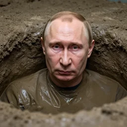 potrait of putin in mud bunker