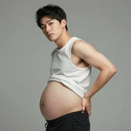 Young male Asian protagonist wearing a sleeveless shirt and a big pregnant belly arching his back, artstation, concept art