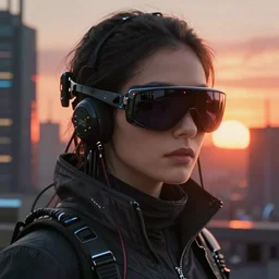 beautiful cyberpunk assassin with night vision goggles, portrait shot, wires, cyberpunk, dramatic light, sunset, cyberpunk city in the background, movie illustration by Igor Kieryluk
