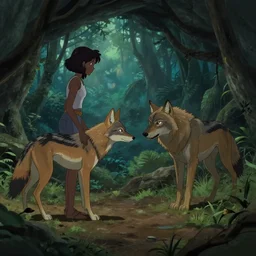 cave interior showing a female african wolf saying good bye to male african wolf as he leaves the cave to go hunting in the evening in an african rainforest, concept art, fine details, rainforest, art by satoshi kon, tim okamura, karol bak, cinematic lighting, volumetric lighting, subtle shadows, slight depth of field