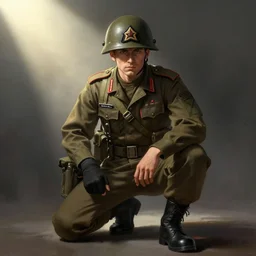 a man dressed as military, squatting, digital painting, dramatic lighting, spotlight, smoke in background, photorealistic, intricate outfit