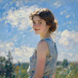 a beautiful young girl, wearing 1 9 2 0 s fashion, brown hair, slim, fair, turning her head and smiling, severe out of focus, depth of field, azure sky, fluffy white clouds, pleinairism, in the sun, backlit, oil on canvas, by monet, in the style of le promenade, impressionnisme