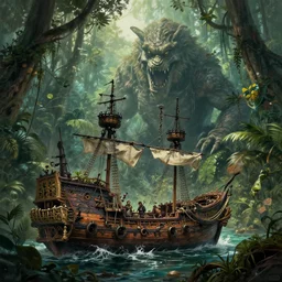 the wreckage of a legendary pirate ship at the footstep of a mythical treasure protected by a giant creature in the middle of a very dense tropical jungle, digital painting, trending on artstation, concept art, highly detailed, art by greg rutkowksi, craig mullins