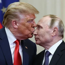 telephoto candid cropped photo of trump kissing putin, zeiss 1 5 0 mm