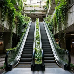 an escalator in an abandoned mall in the 1 9 8 0 s, taken over by nature, covered in vines