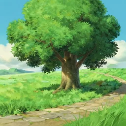 cute ash tree, stone walkpath landfield, animation matte artwork by ghibli pixar studio miyazaki ghibli