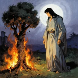 a god appears in a burning bush, by shigenori soejima, by frank frazetta, by thomas kinkade, by ilya kuvshinov, digital painting masterpiece, beautiful brush strokes, advanced lighting technology, symmetry!!!, accurate and realistic faces and anatomy