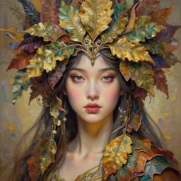 a beautiful girl in intricate detailed color oilpaint, 3 d render, hyper realistic detailed portrait, big flocking color leaves, ornate leaves headpiece, elegant, intense colors, ruan jia, wlop. scifi, fantasy, hyper detailed, octane render, concept art, by peter mohrbacher, by alphonse mucha, by wlop, by ruan jia