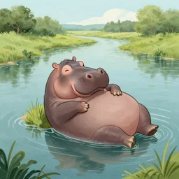 sad hippo waking up in a beautiful river landscape, drawn by brigette barager, trending on artstation