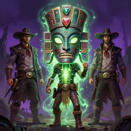totem snakeoil brand snake oil salesman petroleum cowboy totem aztek greeble tribal style heartstone ornate fantasy dofus by Krzysztof Maziarz fanart artstation wild west alchemical afrika mask color radiating a glowing aura, purple green color scheme Lois van baarle, ilya kuvshinov, rossdraws global illumination