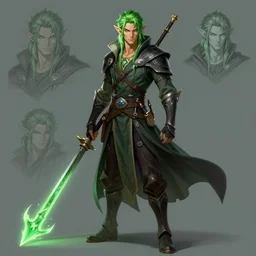 a fantasy green haired male drow elf assassin character design sheet, trending on artstation