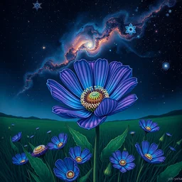 detailed, intricate blue black and purple papaverum flower on the field, nebula, galaxy in the sky, winning award masterpiece, fantastically beautiful, illustration, aestheticly inspired, jacek yerka, upscale with anguissola sofonisba work, artstation, 8 k