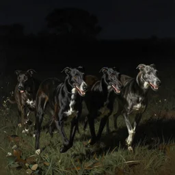 black greyhounds running in the night, dark environment, by john charles dollman, nicola samori and andrew wyeth. highly detailed, realistic. dark atmosphere