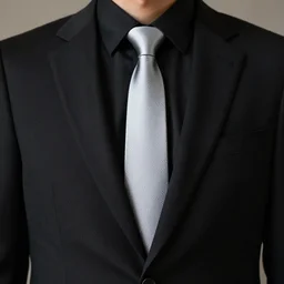 full shot photograph of a man wearing a black suit, black shirt, silver tie. black shirt under a black suit with a silver tie. black shirt, silver tie. photorealistic photograph cinematic lighting intricate detailed 8 k resolution