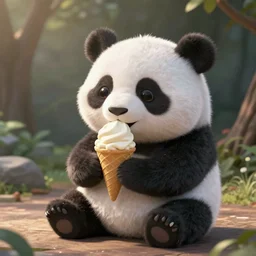 digital realistic detailed kawaii panda eating an ice cream cone