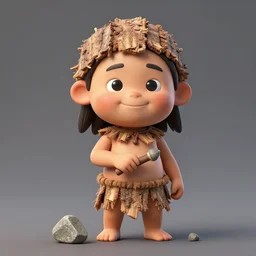 a full - body portrait of little asian cuties caveman, oversized head, smile expression, wearing barkcloth, make stone tool at the river bank, holding stone tool and pebble, giant oversized cute puppy sits behind them, a colorized photo, colorized, # film, movie still