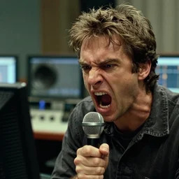 an _ angry _ man _ yelling _ at _ a _ radio _ microphone _ he _ looks _ like _ actor _ francois _ cluzet _ blurry _ background _ of _ radio _ channel _ studio _ art _ by _ studio _ ghibli _ and _ j - 1. _ c. _ - n _ 4