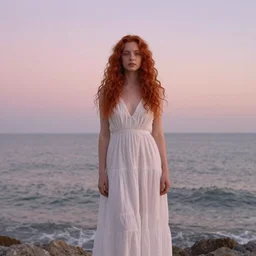 a portrait photography of  with red long curly hair and full body dress in white by Flora Borsi, stand up with the sea behind, soft sunset lighting, pastel colors scheme, fine art photography, dramatic backgroung, 50 mm sigma art