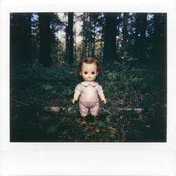 polaroid picture of a creepy doll found in the forest