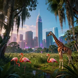 kowloon city, everglades, trees hanging spanish moss, cyberpunk 2 0 7 7. flamingos, giraffes, surreal, sci - fi, fantasy, luminescent wide angle highly detailed, captivating 8 k hdr, octane render godrays artstation