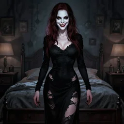 gorgeous alyson hannigan, evil dead movie, full body shot, torn black dress, evil smile, spooky, illustration, symmetrical face realistic symmetrical eyes, bedroom setting, charlie bowater, cinematic lighting, evil dead, undead demon, artgerm, hyperdetailed, phil noto