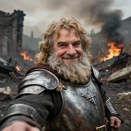 last selfie taken by, a tolkien dwarf, resembling Roy Chubby Brown Royston Vasey::2 wearing metal amour that is smiling, in combat::1.3 apocalyptic, smoldering ruins