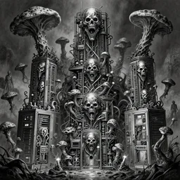 b & w inks of 1 1 horrifying chromed machines in tiers, all mainframe and medical, filthy, putrid chrome dip, insane speed of excavating horrible fungi by wayne d barlowe, boris vallejo, geof darrow, stefano tamburini, torch light, muted colors, epic, hyper detailed, awe inspiring, award winning horror, hyper realism, cinematic
