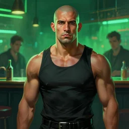 character concept portrait, muscular latino bald bouncer, cyberpunk bar background, digital painting, green neon, bokeh, detailed, highly detailed, smooth, sharp focus, illustration by ruan jia and mandy jurgens and william - adolphe bouguereau, artgerm