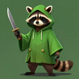 a raccoon in a green, hooded rogue outfit holding dagger, trending on art station,