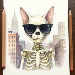a pencil water color drawing of a skeleton cat with sunglasses in new york