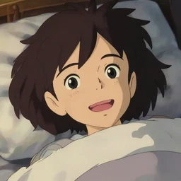 a girl with a happy face wakes up in the morning, close up shot from the top, anime art, Greg Rutkowski, studio ghibli, dramatic lighting