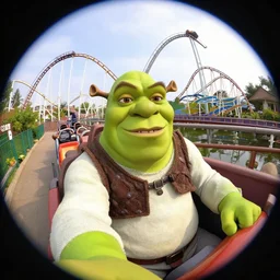 fisheye selfie of shrek on the rollercoasters