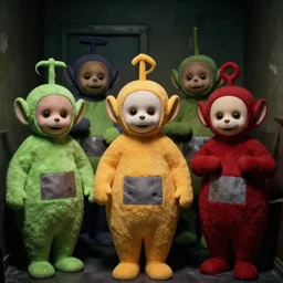 1 9 9 0 teletubbies in the backrooms, animatronics, low key, disturbing, serious faces, found footage, claustrophobic