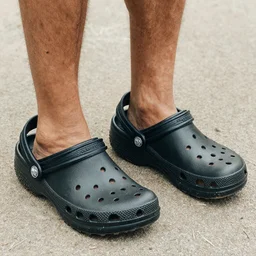 A humanoid crocodile wearing a pair of crocs shoes