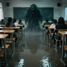 photo of a classroom, the floor is flooded with one meter deep water. in the background there is a scary dark mysterious monster!!!!!!!!!!!!!!!!!!!!!!!!!!!! eerie