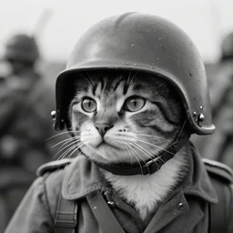 close up of a cat wearing soldier helmet in the battle, ww 2 historical photography, black & white