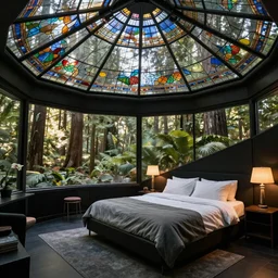 black bedroom inside of a psychedelic solarpunk Frank Lloyd Wright house with a stained glass roof in the redwoods on a sunny day, award winning hd 8k photo