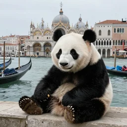 photo of a Panda on the background of Venice, gondolas, canals, buildings, St. Marco square, 50mm, beautiful photo