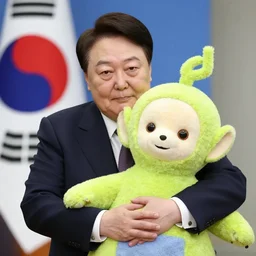 korea's president yoon suk - yeol hugging a teletubby
