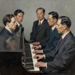partial hallucination, six apparitions of communist leaders on a piano, surreal art, deep impasto, oil painting